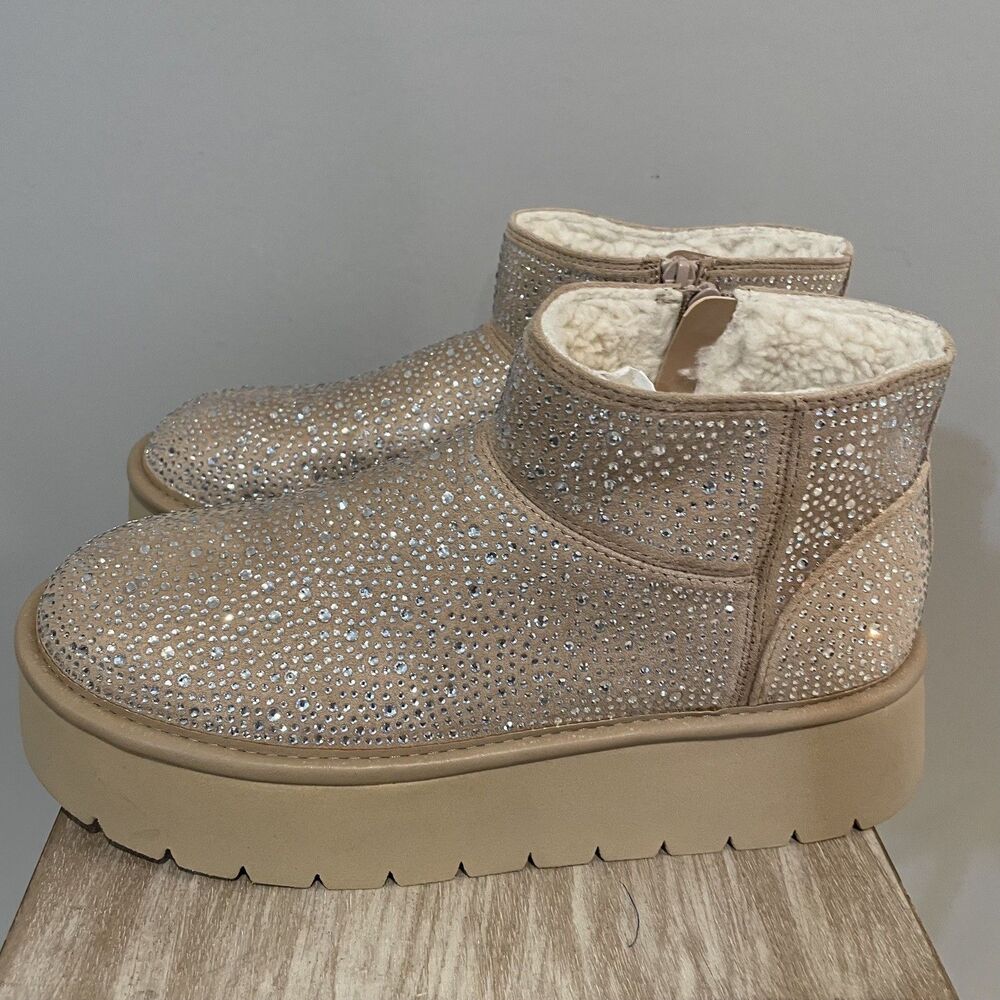 Wild Fable Women's Size 8 Beige Bling Rhinestone Covered Platform Booties NEW
